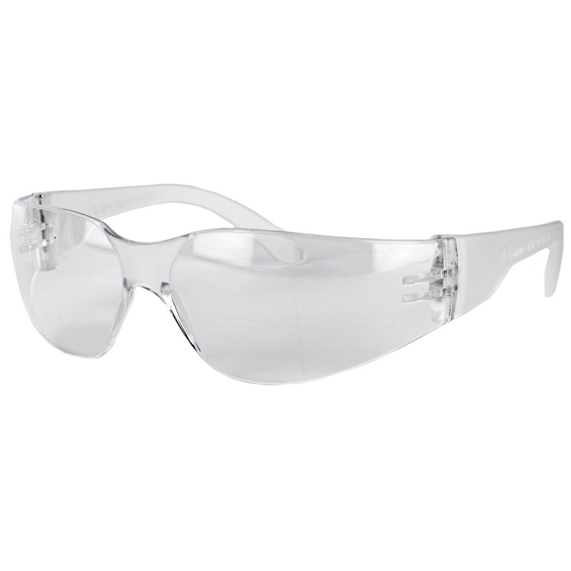A 12-pack of Radians Mirage clear safety glasses, stacked, with one pair prominently displayed, suitable for ranch work in the White Mountains.