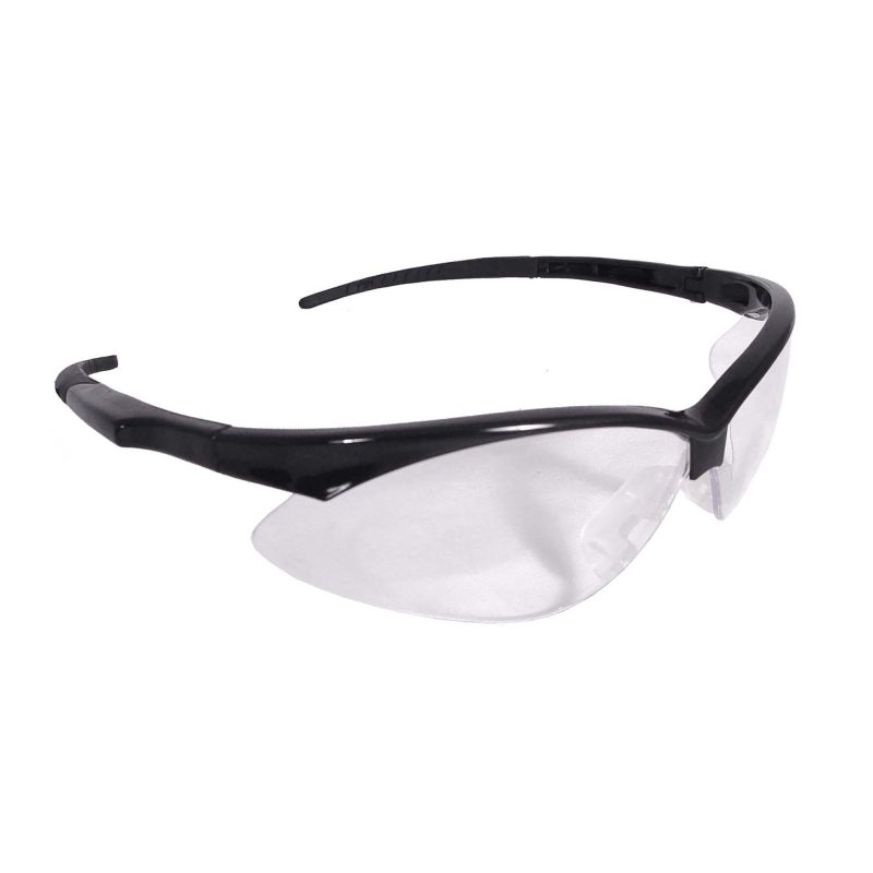 Radians Outback safety glasses with clear lenses, black frame, and a black cord, shown on a rugged outdoor background.