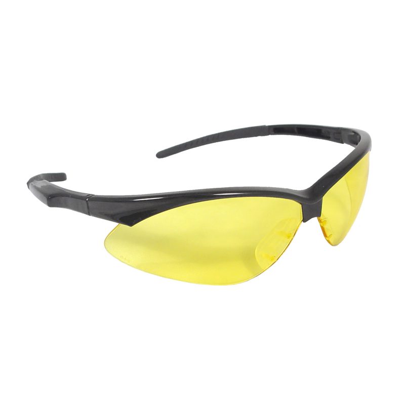 Radians Outback safety glasses with amber lenses and a black frame, shown with a neck cord, suitable for outdoor work.