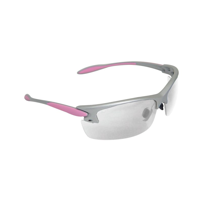 Radians Women's Shooting Glasses with clear lenses and a silver and pink frame, suitable for eye protection during ranch work.