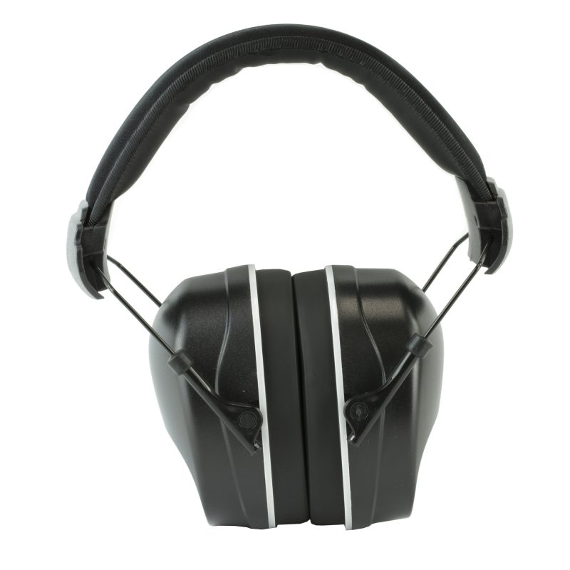 Black Radians R2500 ear muffs with a padded headband and NRR 34 rating, shown with included foam ear plugs.