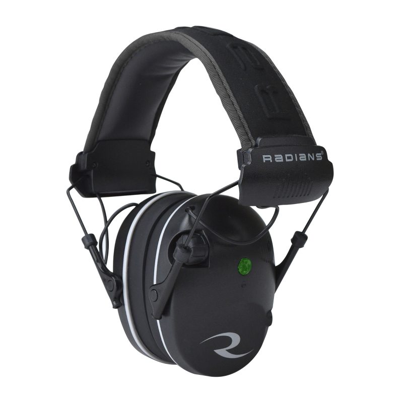 Black and gray Radians R3200 electronic earmuffs with low profile ear cups, designed for hearing protection during ranch work or outdoor activities.