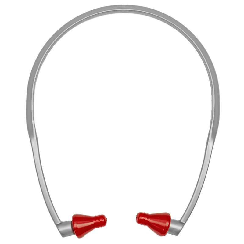 Radians Rad Band Plugs NRR 23, featuring red earplugs on a black band, ready for use in a rugged outdoor setting in the White Mountains of Arizona.