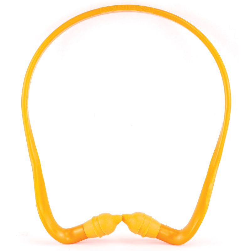 Orange Radians Radband 2 Earplugs with a flexible band and two pairs of replacement pods, shown against a neutral background.