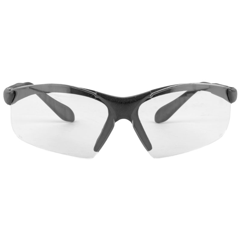 Radians Revelation safety glasses with black frame and clear lenses, displayed on a wooden fence post with a White Mountains landscape in the background.