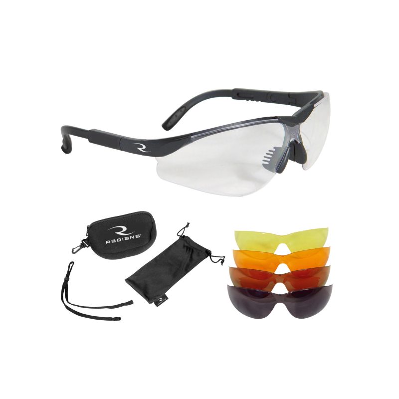 Radians T-85 5-Lens Kit with black frame, clear, copper, amber, orange, and green mirror lenses, protective case, cloth bag, and neck cord displayed.