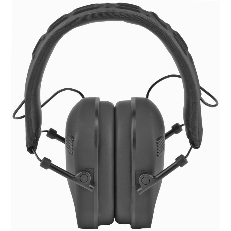 Black Radians Vertex Slim Electronic Earmuffs with dual microphones, shown against a rugged outdoor background.