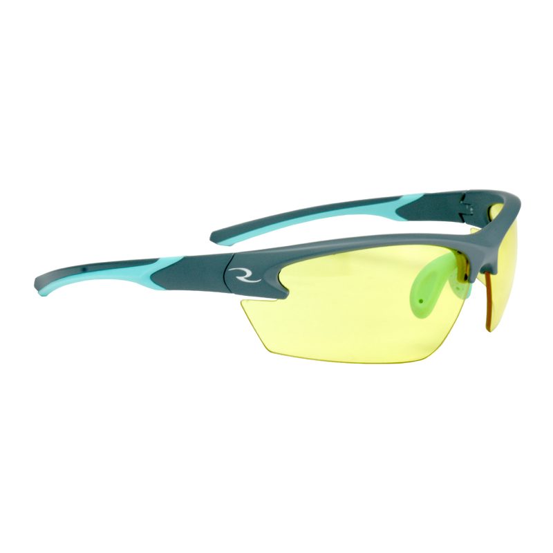 Radians Ladies Glasses in aqua and amber, featuring a clear scratch-resistant lens with an aqua frame and amber-tinted temples, designed for safety and comfort.