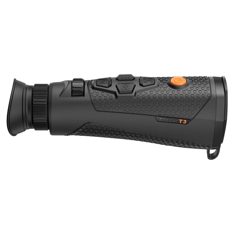 RIX Tactical Rix Titan T3 384 Thermal Monocular, black, held in hand, showing a clear view of its objective lens and controls, ready for use in the White Mountains.