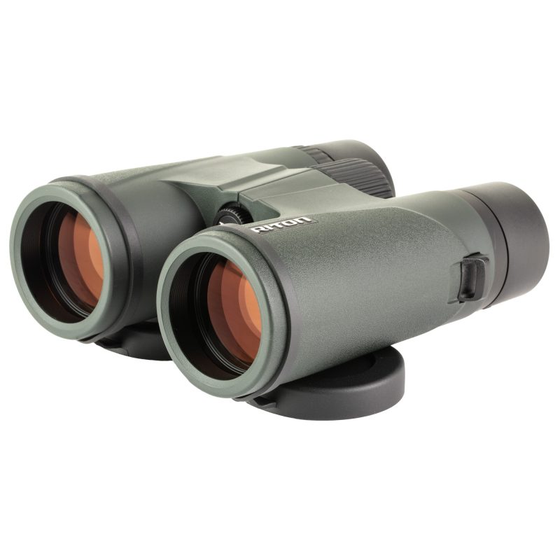 A pair of black Riton Optics 3 Primal 8X42 HD binoculars with lens caps, shown against an outdoor background.