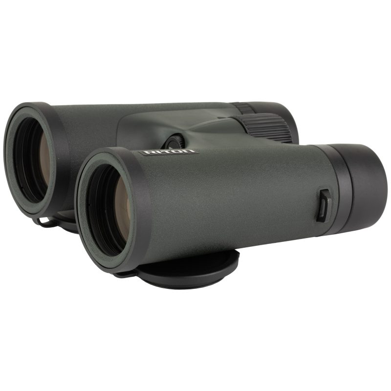 Riton Optics 5 Primal 8X42 Binoculars, black, with lens caps, shown against a rugged outdoor background, ready for use on a ranch or in the White Mountains.