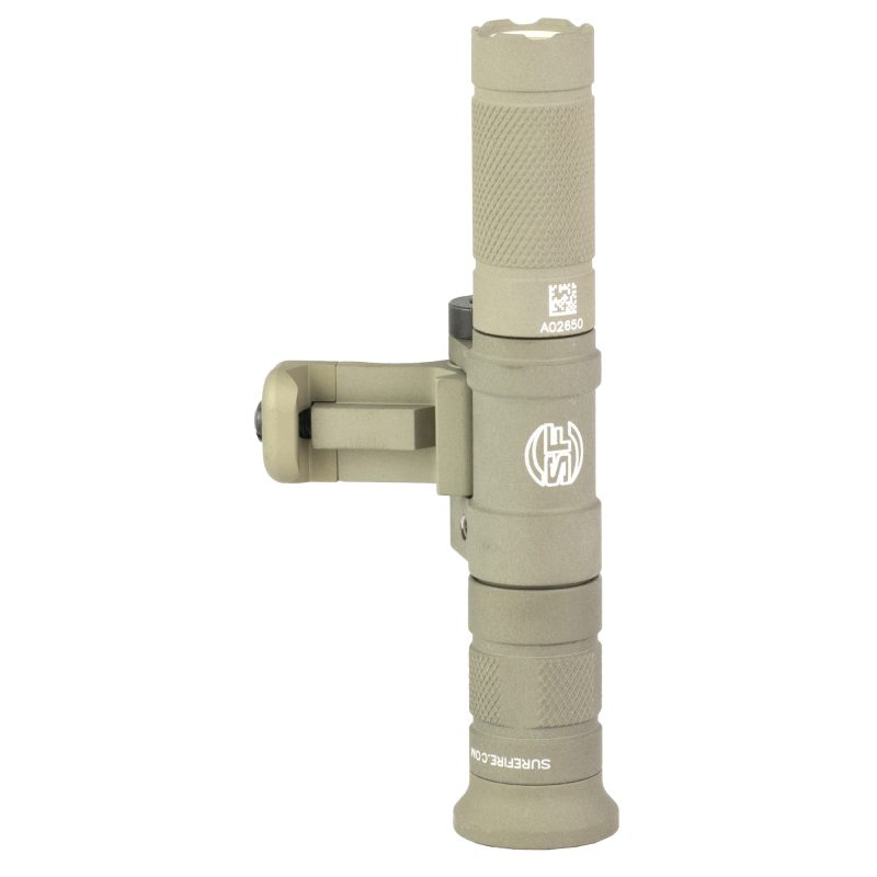 Surefire Scout Light Turbo 18650 Tan weapon light mounted on a rifle, showing its compact size and tan finish.