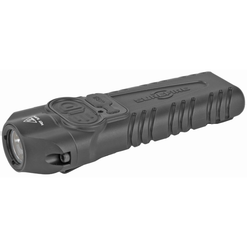 Black Surefire Stiletto pocket light with a heavy-duty clip, shown ready for use on a ranch.