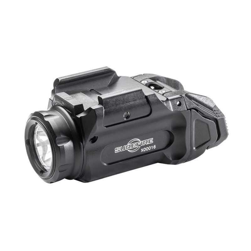 Black Surefire XC3-A compact weapon light mounted on a handgun, showing its slim profile and tactical design.