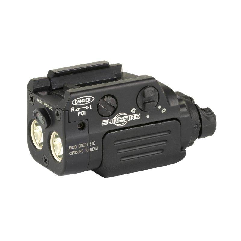 Black Surefire XR2-A-GN compact weapon light with green laser, mounted on a pistol rail, showing its 800 lumen LED and laser emitter.