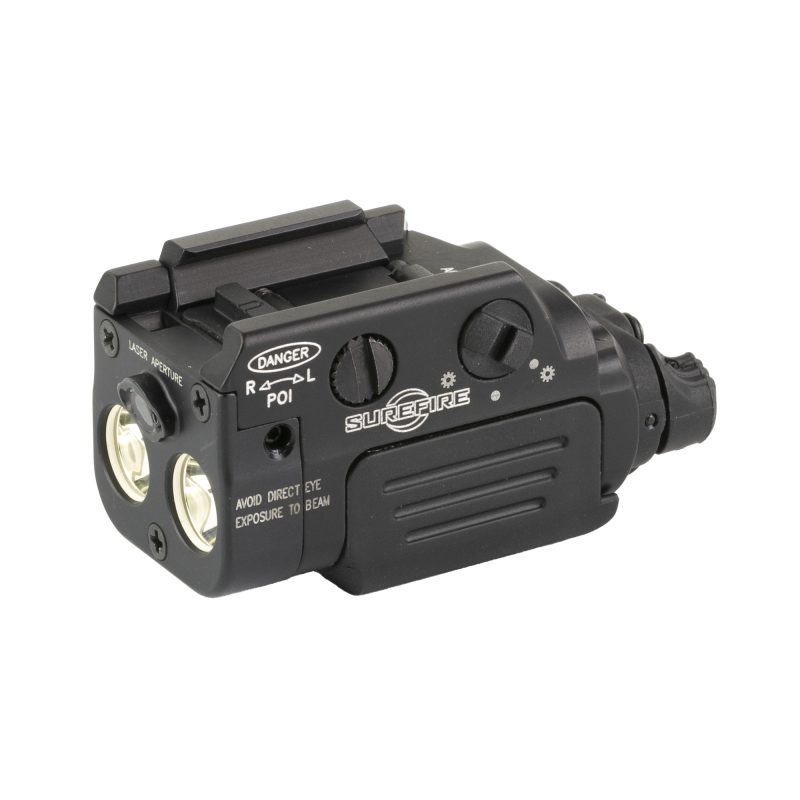 Black Surefire XR2-A-RD rechargeable weapon light with red laser, mounted on a pistol rail.