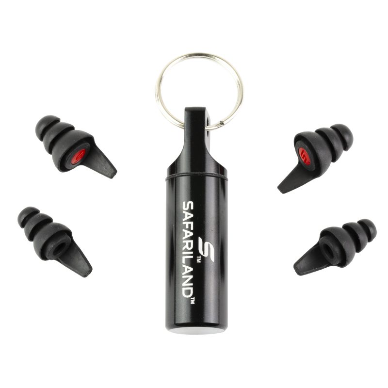 Pair of black Safariland Sl Impulse in-ear hearing protection earplugs, shown close-up against a neutral background.