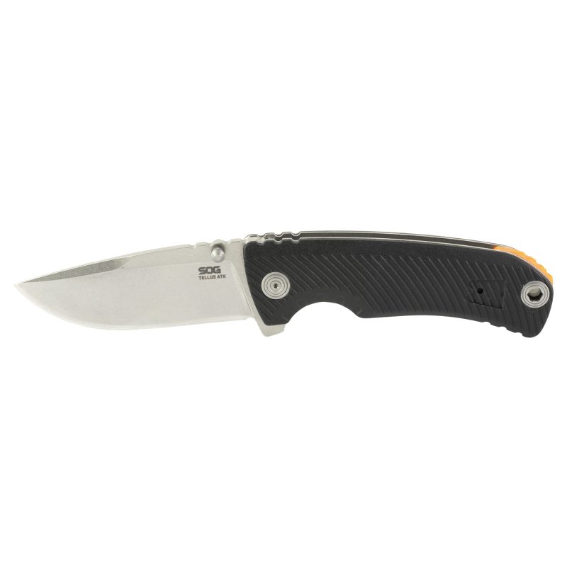 SOG Knives & Tools Tellus ATK folding knife with a black handle and orange accent, showing the 3.5-inch stonewash finish blade.