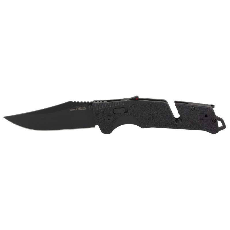 SOG Knives & Tools Trident AT Blackout 3.7 inch folding knife, closed, showing the black handle and clip, with the blade partially visible.