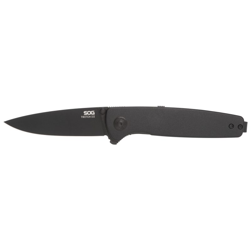 SOG Knives & Tools Twitch III folding knife with a black titanium nitride finished 3.1-inch drop point 154CM stainless steel blade and a black textured aluminum handle, shown closed.