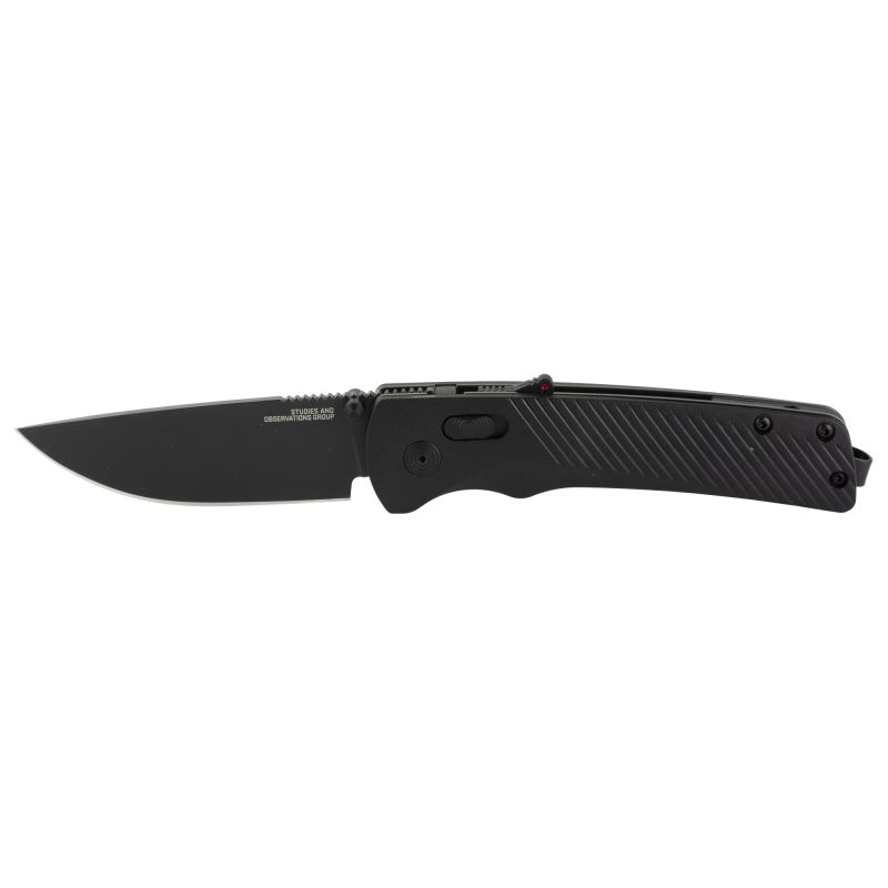 SOG Knives & Tools Flash AT Blackout folding knife, closed, showing the black GRN handle and D2 steel blade with titanium nitride finish.