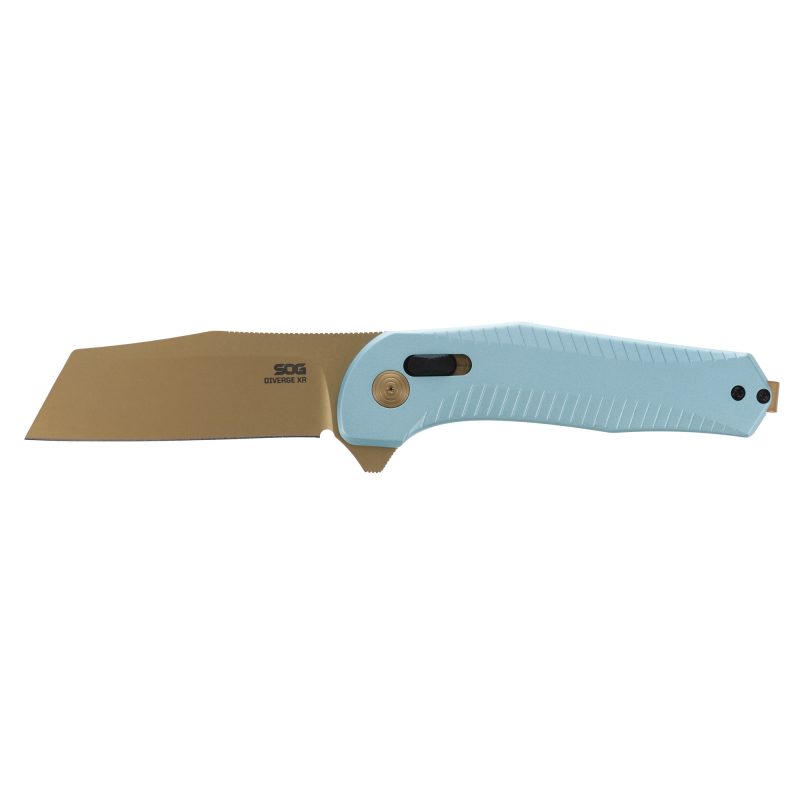 Blue SOG Knives & Tools Diverge XR folding knife with a 3-inch sheepsfoot blade, open, showing the D2 steel blade and aluminum handle.