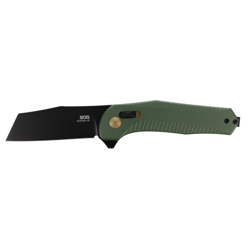 SOG Knives & Tools Diverge XR folding knife with a 3-inch sheepsfoot D2 steel blade and a forest green aluminum handle, shown open on a rustic surface.