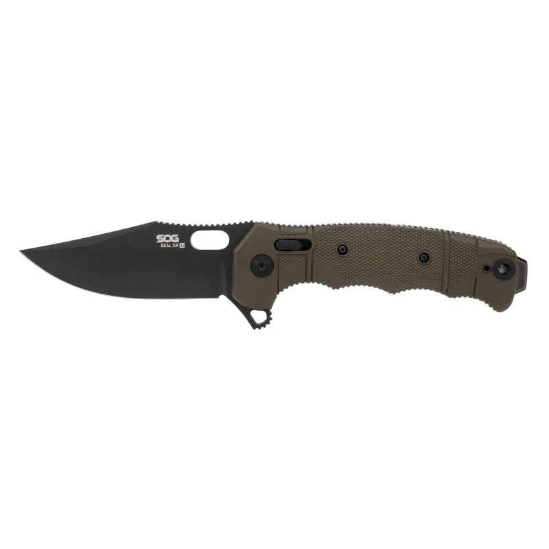 SOG Knives & Tools Seal XR L-Ti folding knife with olive drab green handle, drop point blade, and black PVD finish, shown open on a rustic surface.