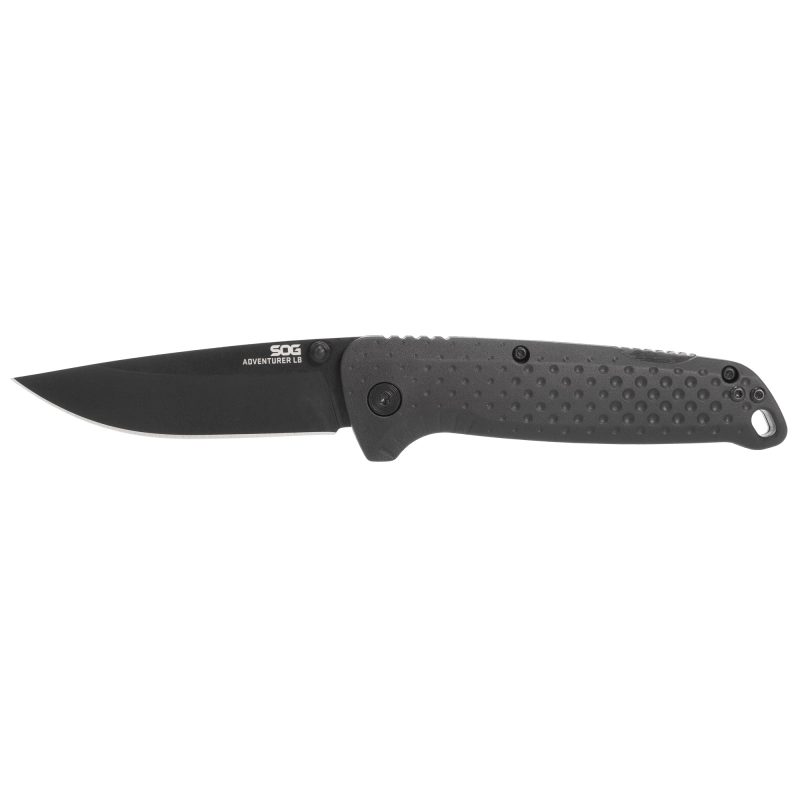 SOG Knives & Tools Adventurer LB 3 inch black folding knife with a drop point blade and glass reinforced nylon handle, shown open on a rustic surface.