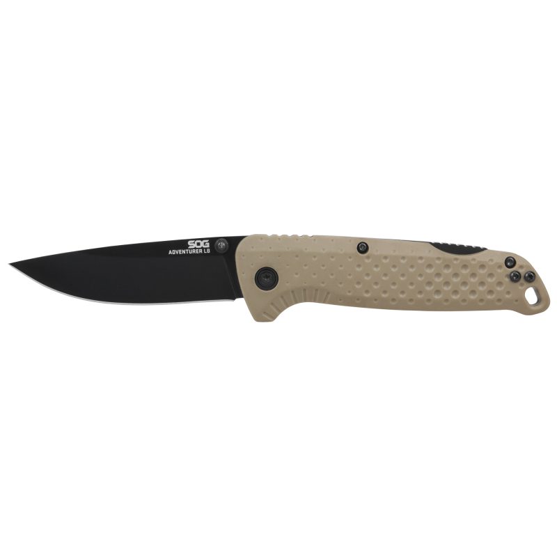 SOG Knives & Tools Adventurer folding knife, 3.5-inch clip point blade with titanium nitride finish, black and flat dark earth glass-reinforced nylon handle, shown open on a rustic surface.