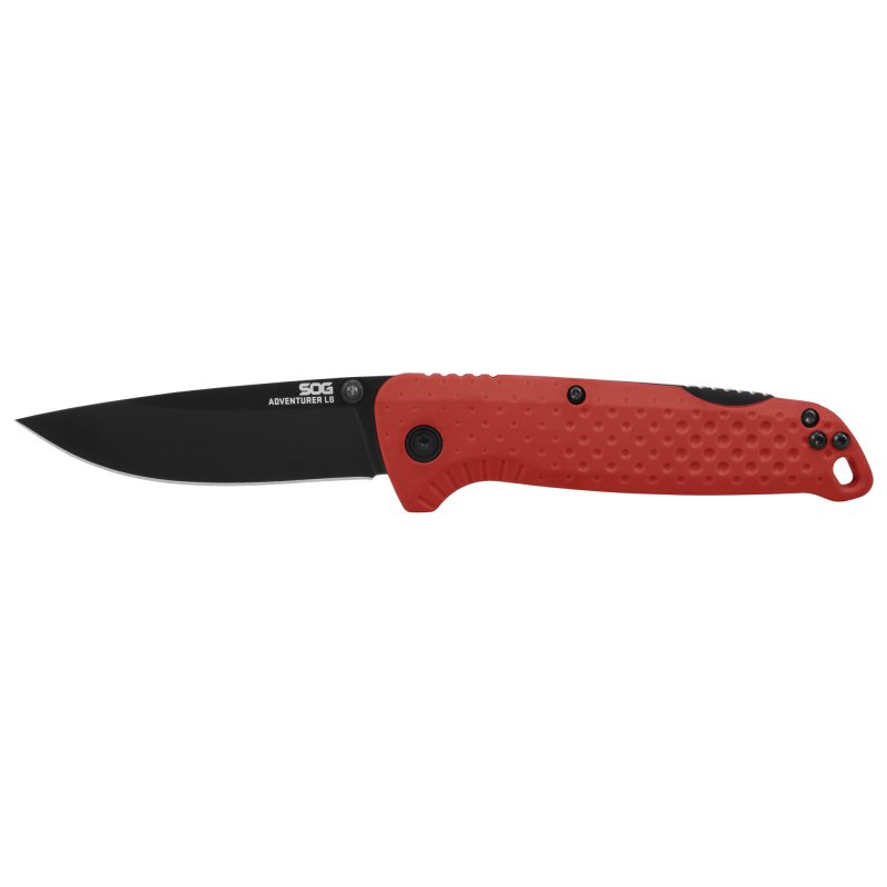 SOG Knives & Tools Adventurer folding knife with 3.5-inch black satin drop point blade and black glass-reinforced nylon handle, shown closed.