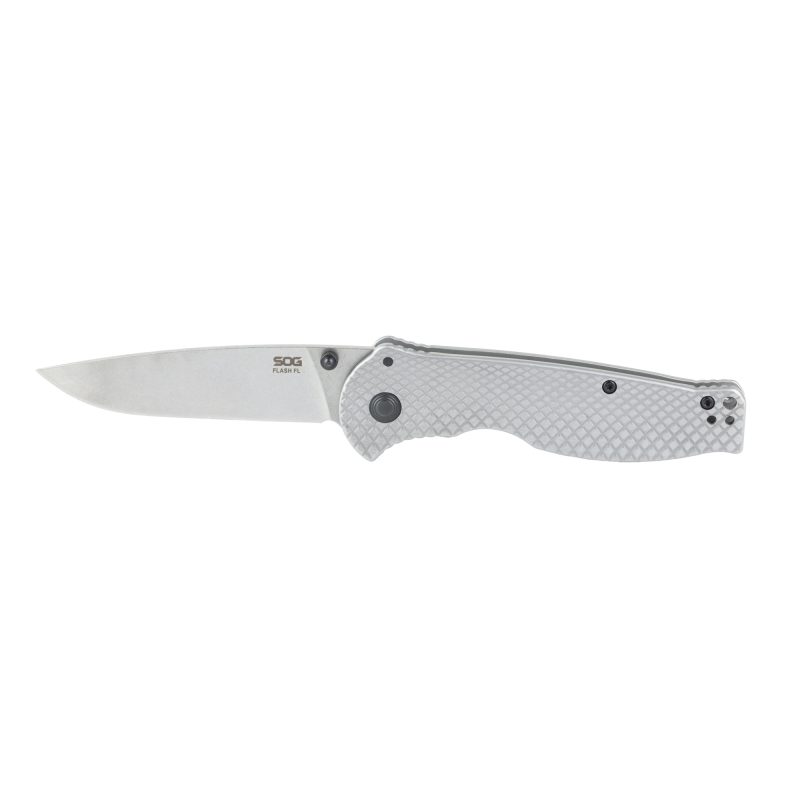 SOG Knives & Tools Flash II FL folding knife with a 3.4-inch silver satin drop point blade and a silver stainless steel handle, shown open.