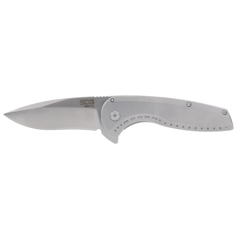 SOG Knives & Tools Aegis FLK 2.0 folding knife with 3.25-inch satin finish drop point blade and silver stainless steel handle, partially open.