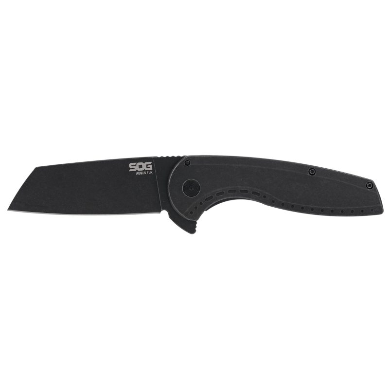 SOG Knives & Tools Aegis FLK 2.0 folding knife with a black 3.25-inch Wharncliffe blade and black stainless steel handle, shown open on a rugged surface.