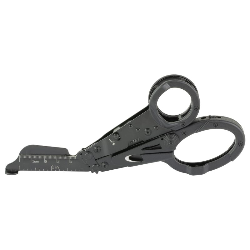 Black SOG ParaShears multi-tool with a black oxide finish, featuring powerful shears, a strap cutter, and a glass breaker, shown with its included nylon sheath.