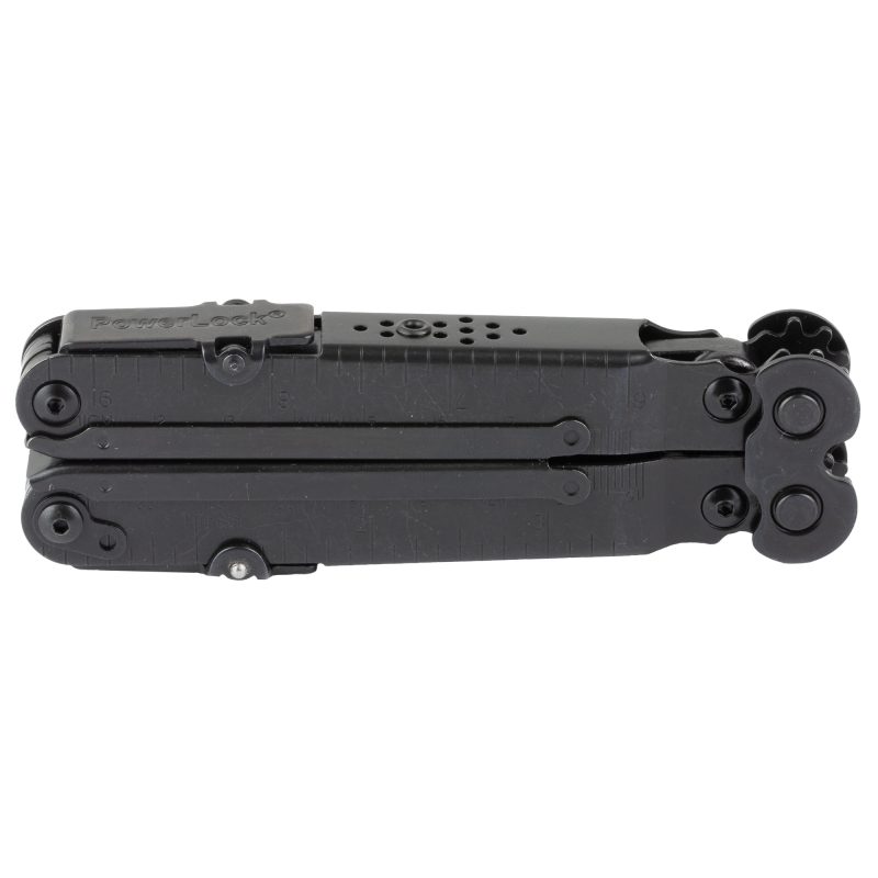 SOG Knives & Tools PowerLock EOD multi-tool in black oxide finish, closed, with a black nylon sheath, on a rugged outdoor background.