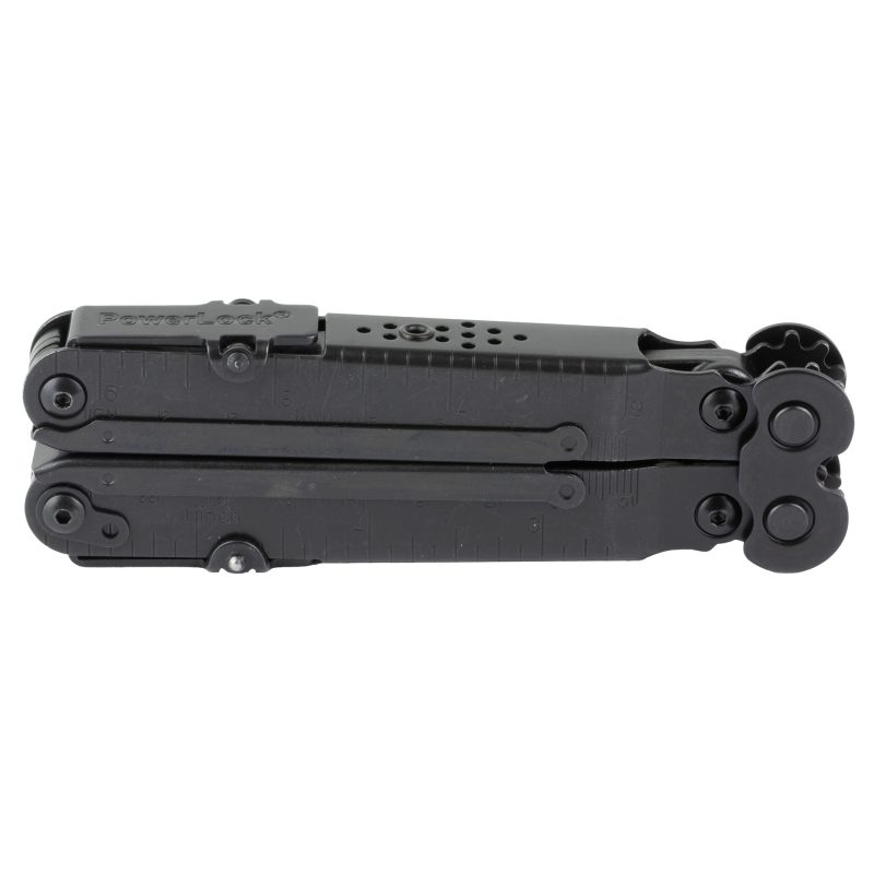 SOG Knives & Tools PowerLock EOD V-Cutter multi-tool, black oxide finish, with included nylon sheath, displayed on a rugged outdoor surface.