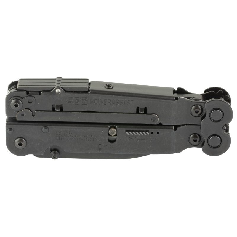 SOG Knives & Tools PowerAssist multi-tool, black oxide finish, with all 16 tools visible, closed, next to its black nylon sheath.