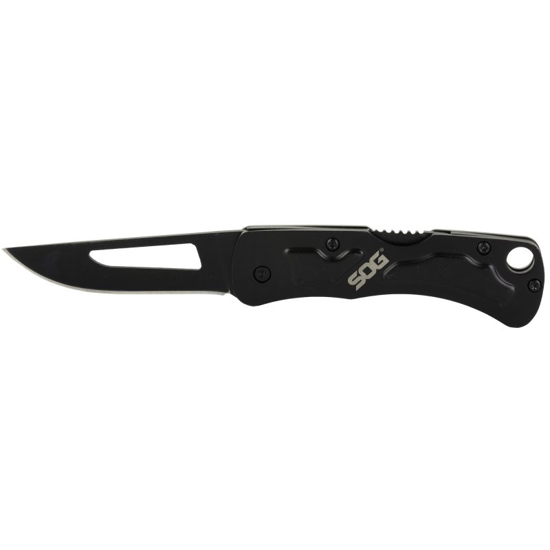 SOG Knives & Tools Centi II black folding knife with a 2.1-inch straight edge stainless steel blade, shown closed on a white background.