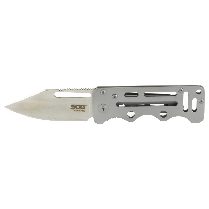 SOG Knives & Tools Cash Card folding knife with a satin finish, 2.75-inch clip point blade, and silver stainless steel handle, shown open on a rustic surface.