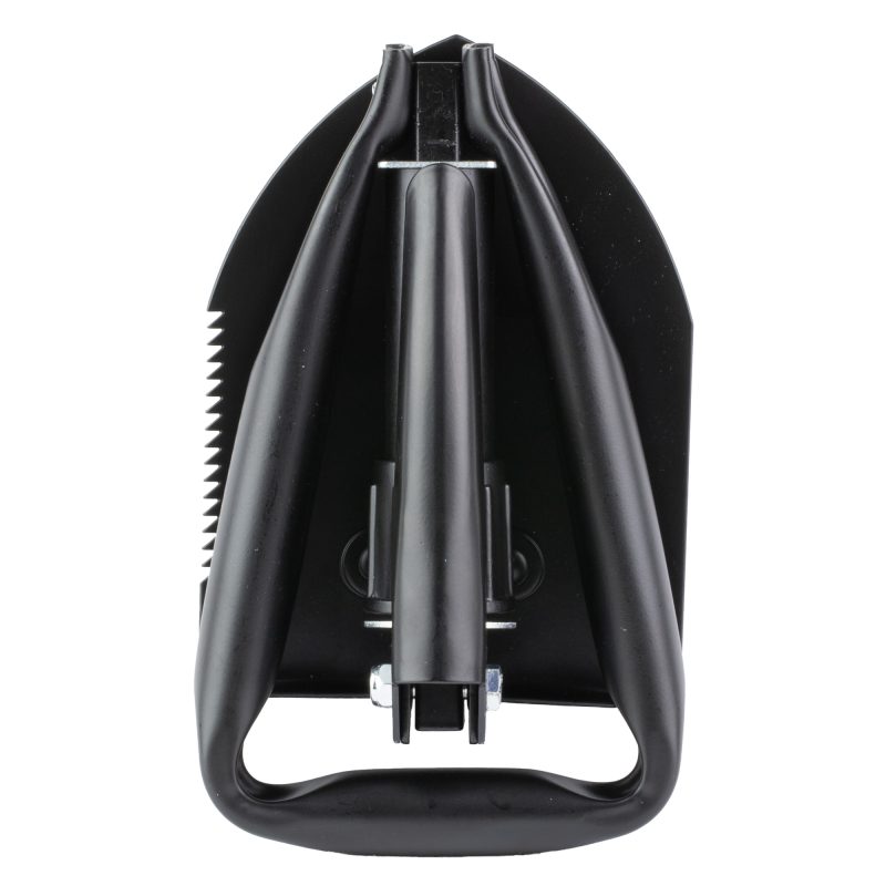 SOG Knives & Tools folding entrenching tool with black powder-coated high carbon steel blade, serrated edge, and black handle, shown with its black nylon sheath.