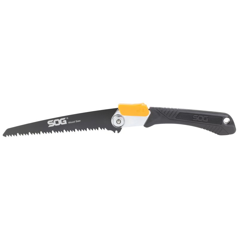 SOG Knives & Tools folding saw with an 8.25-inch high-carbon steel blade, black plastic grip, and a black nylon sheath, shown ready for use.