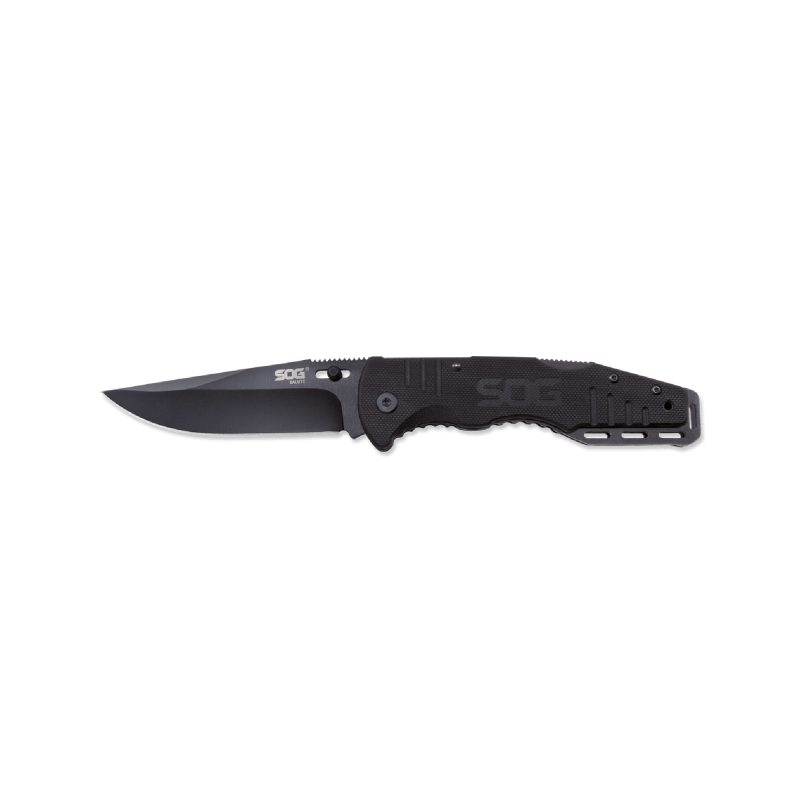 SOG Knives & Tools Salute Black 3.625 inch folding knife with a black G10 handle and a clip point straight edge blade, shown open on a rustic surface.