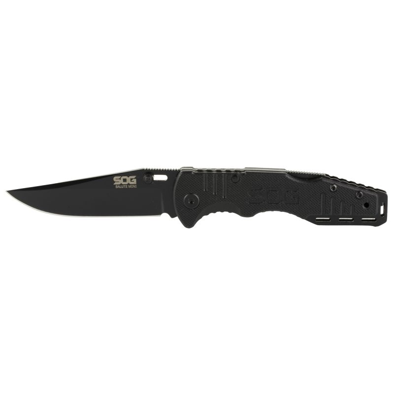 SOG Knives & Tools Salute Mini 3.1 inch Black Oxide folding knife with a black G10 handle, clip point straight edge blade, and pocket clip.