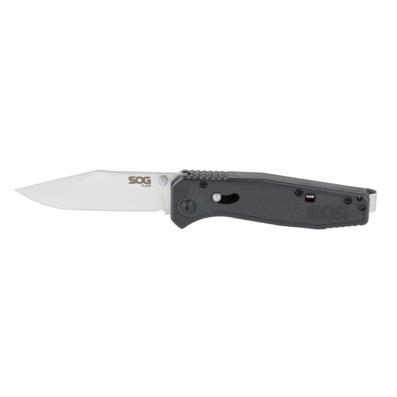 SOG Knives & Tools Flare folding knife with a satin finish 3.5-inch clip point blade and a black glass-reinforced nylon handle, shown open on a rustic surface.
