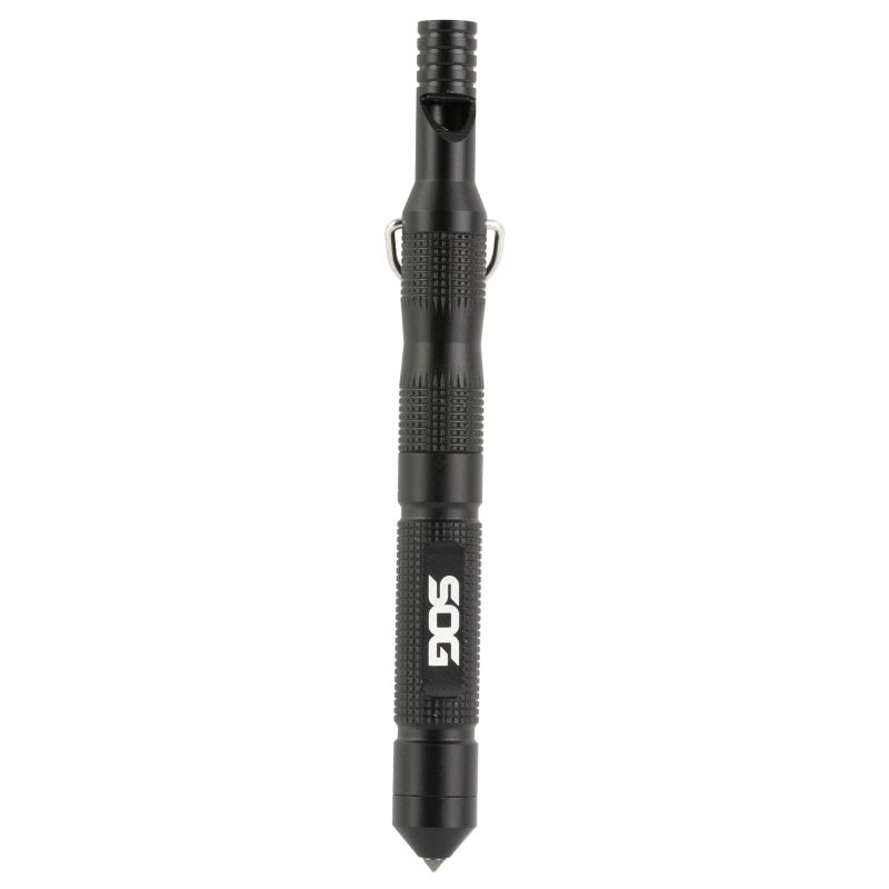 SOG Flint 4.3 inch black survival tool with fire starter rod, steel wool tinder compartment, carbide-tipped glass breaker, and safety whistle.