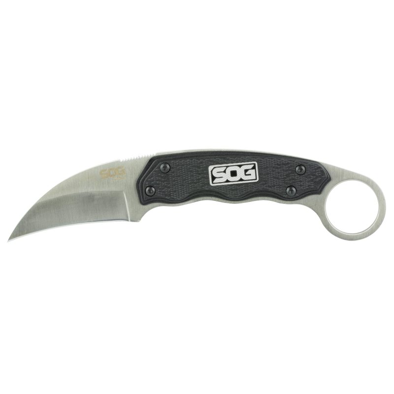 SOG Knives & Tools Gambit fixed blade knife with a black sheepsfoot blade and black glass-reinforced nylon handle, shown with its hard molded nylon sheath.