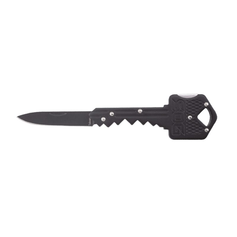 SOG Knives & Tools Key Knife, black 1.5 inch straight edge drop point blade, disguised as a key, shown on a keyring, ready for use in the White Mountains of Arizona.