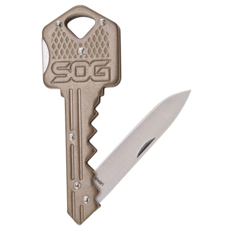 SOG Key Knife Brass 1.5 inch folding blade, shaped like a key, with a brass handle and a silver satin finish blade.