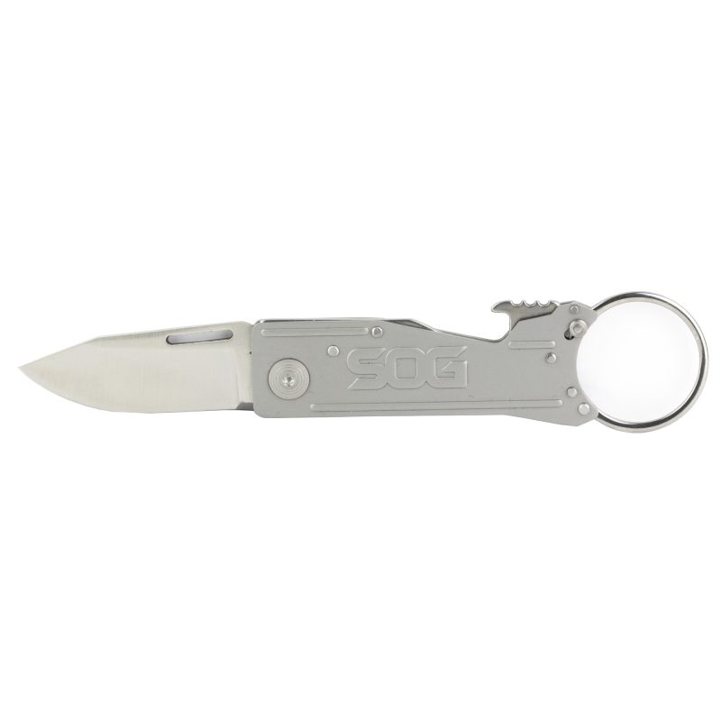 SOG Knives & Tools Keyton Satin 1.8 inch folding knife with a black Kraton handle and satin finish blade, attached to a keyring with a bottle opener.